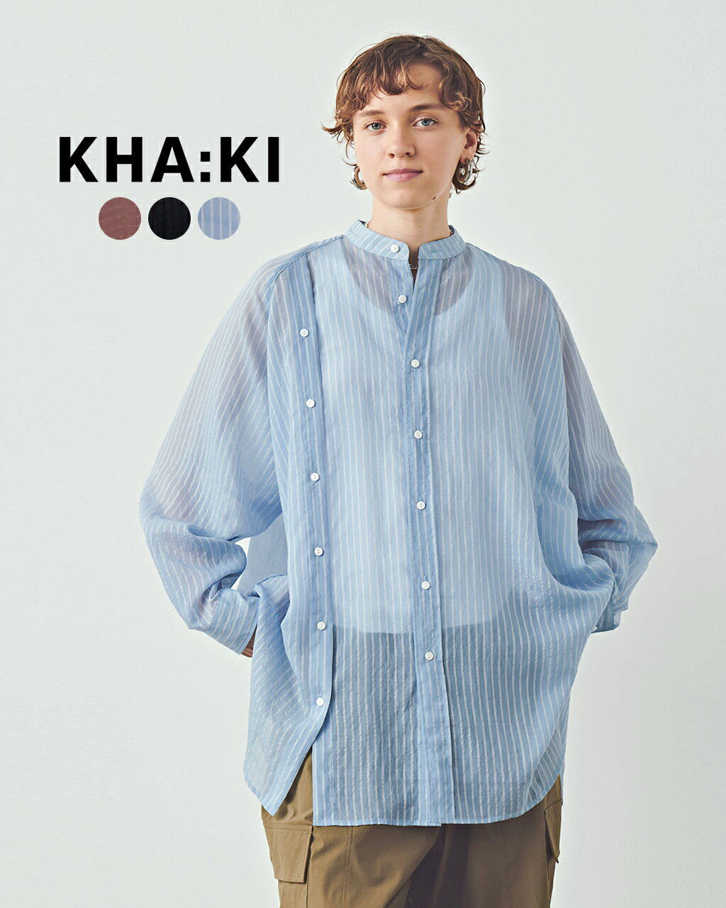 カーキ KHA:KI 3プラケット シャツ ドレス 3PLACKET SHIRTS DRESS バンドカラーシャツ ストライプ ベージュ ブラック ブルー 茶 黒 青 レディース MIL24HBL3128【送料無料】0116 xp10