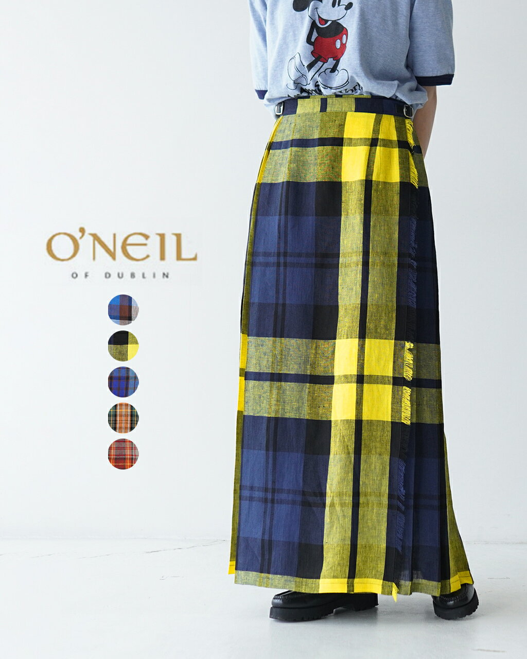 オニールオブダブリン O'NEIL OF DUBLIN【Crouka別注色】マキシ イージー キルト リネン スカート MAXI EASY KILT LINEN SKIRT チェック柄 レディース 5093L【送料無料】0319 cpn10