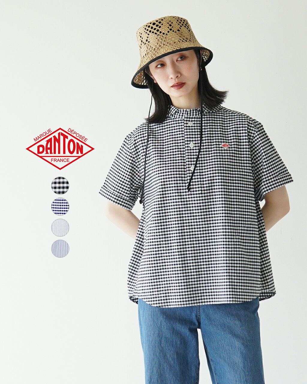 ダントン DANTON ギンガムチェック ストライプ ラウンドカラープルオーバー 半袖シャツ ROUND COLLAR P.O SHIRT S/S レディース DT-B0283 OXP0504