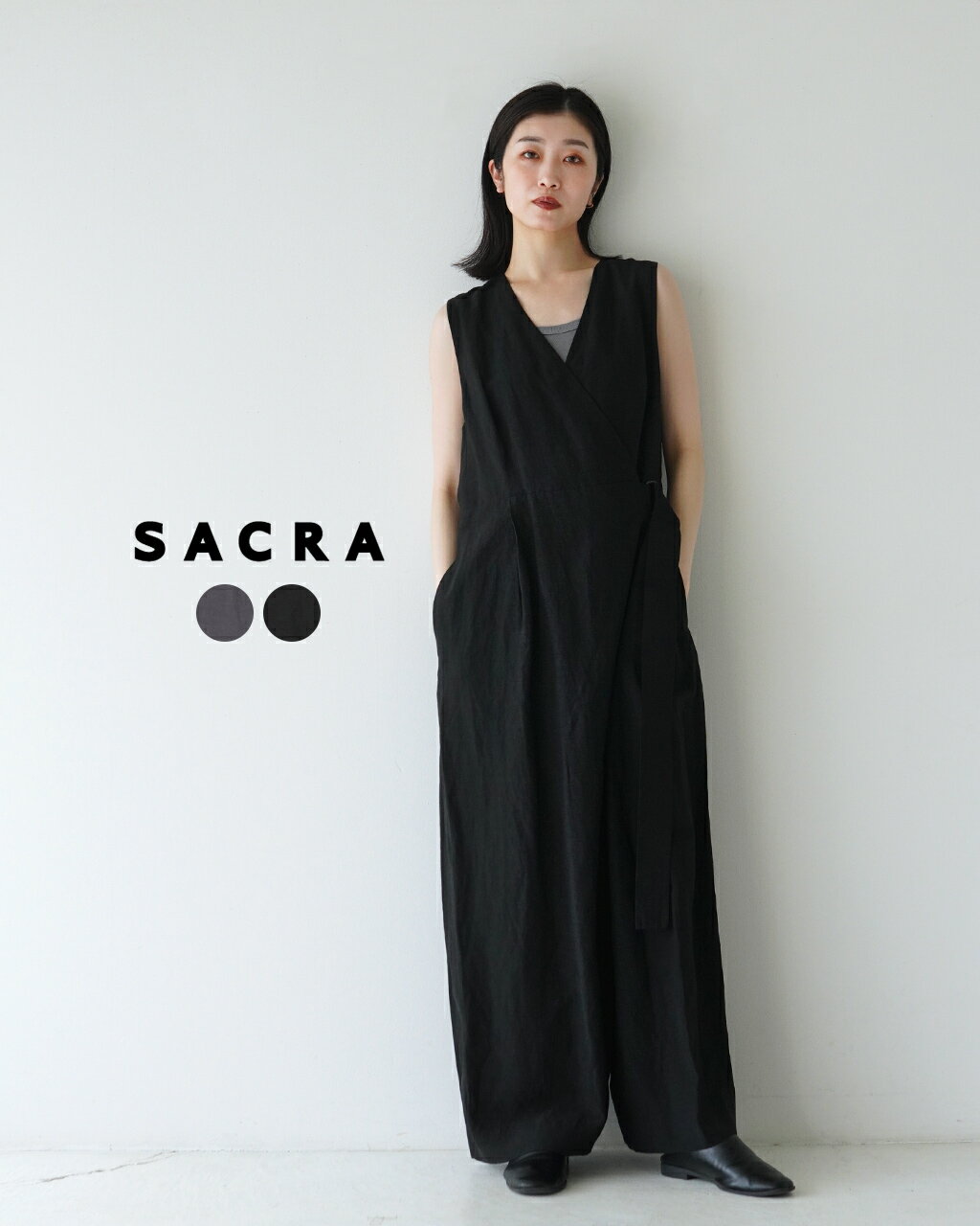 サクラ SACRA レーヨン リネン タンブル オールインワン RAYON LINEN TUMBLE ALL-IN-ONE グレー ブラック レディース 124203051【送料無料】0502 xp10