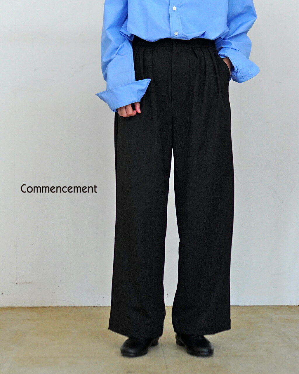 【SALE！30%OFF】コメンスメント Commencement ワイドタックパンツ レディース Wide tac slacks スラックス フルレングス ストレッチ 日本製 無地 チャコール ブラック C-309 0818 xp20