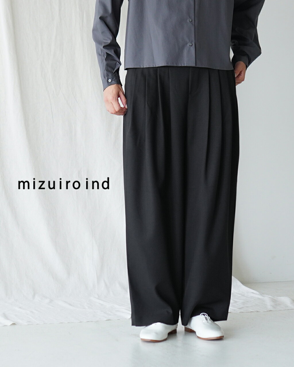 ミズイロインド mizuiro ind ハイウエスト タックパンツ レディース ワイドパンツ ストレッチ 日本製 ブラック ネイビー グレー チャコール high waist tuck PT 3-260077 0824のサムネイル