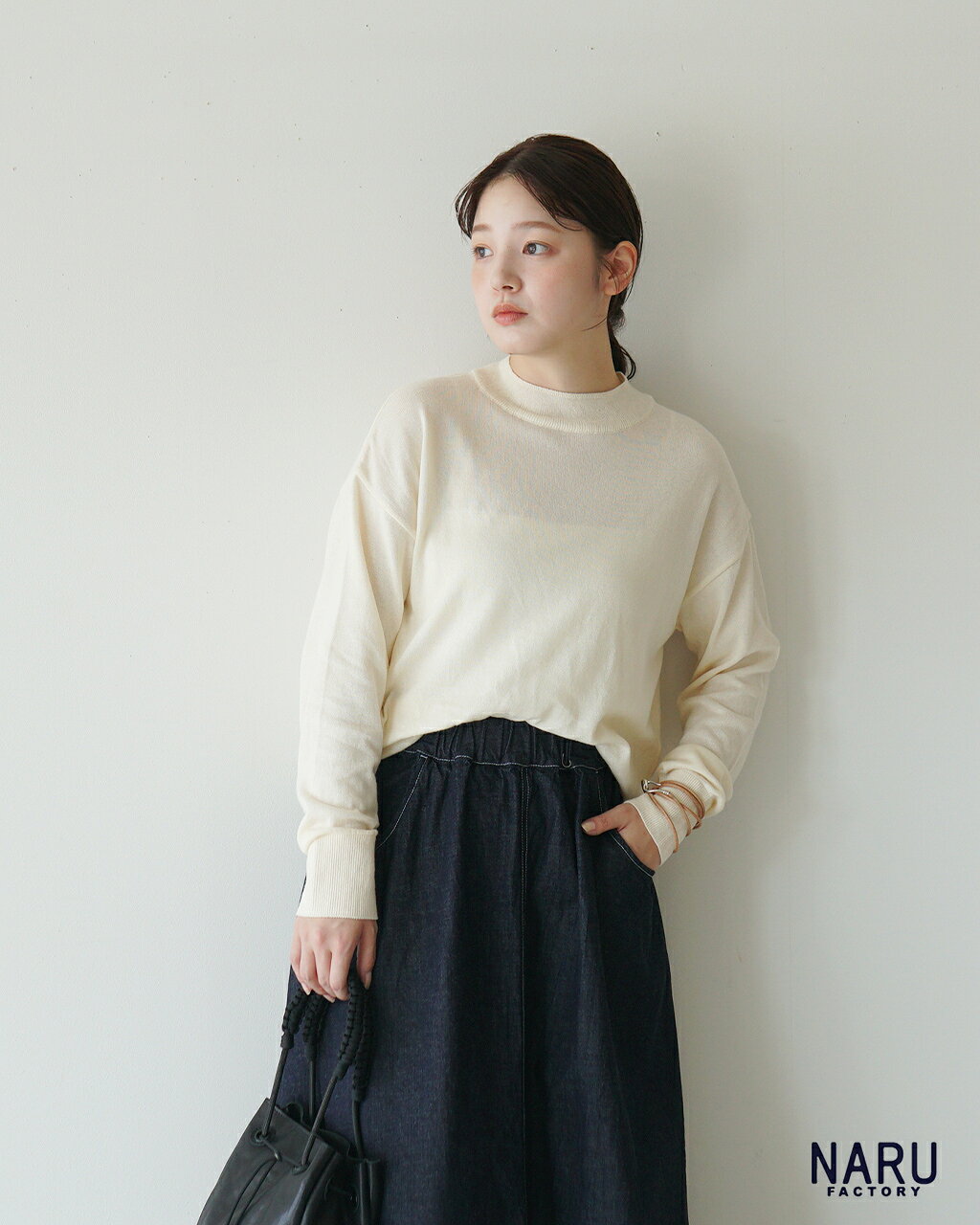 ナル NARU ムースヤーン ハイネックニット レディース セーター コットン 長袖 日本製 無地 65705 オフホワイト ブラウン レッド ブルー ブラック ギフト 0805