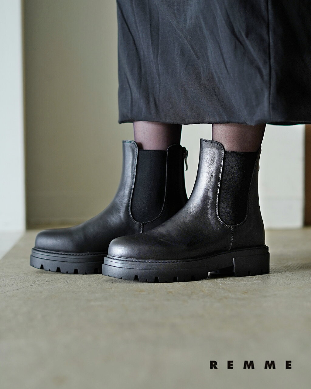 レメ REMME バックジッパー チェルシーブーツ 厚底 プラットフォーム レディース サイドゴアブーツ レ..