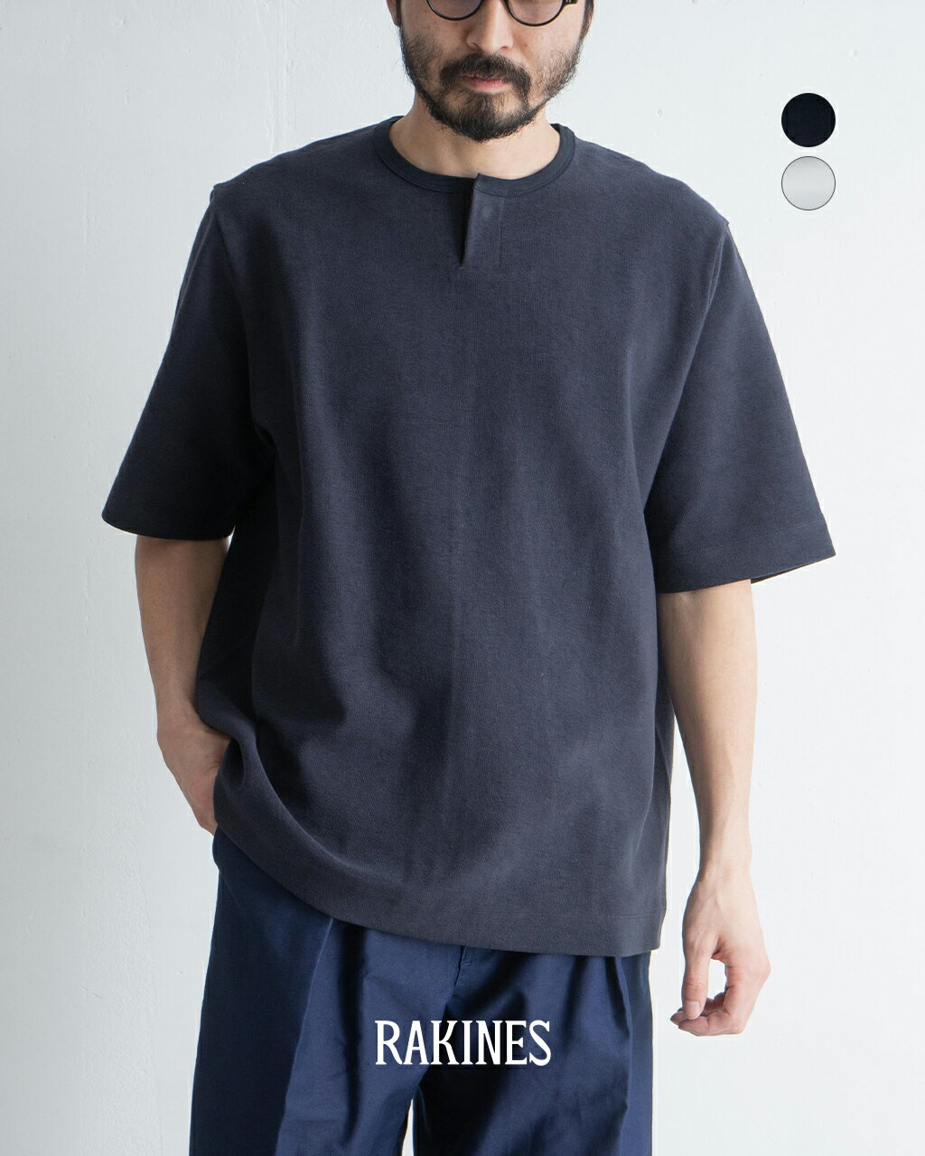 ラキネス RAKINES ヘンリーネック パイル Tシャツ コットン 半袖 カットソー ワンボタン メンズ Organic cotton minipile - ...