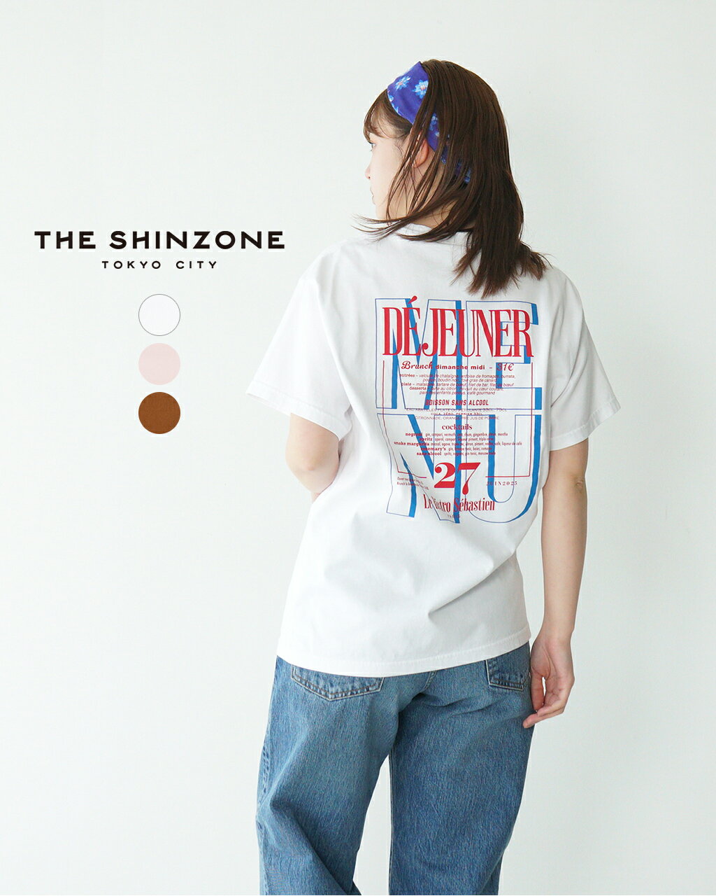 シンゾーン THE SHINZONE グラフィック Tシャツ レディース BISTRO MENU TEE ビストロメニュー バックプリント 半袖 クルーネック カットソー ホワイト ピンク キャメル コットン100% フレンチデザイン ゆったりシルエット ナチュラルカラー 25SMSCU14 0514 xp10