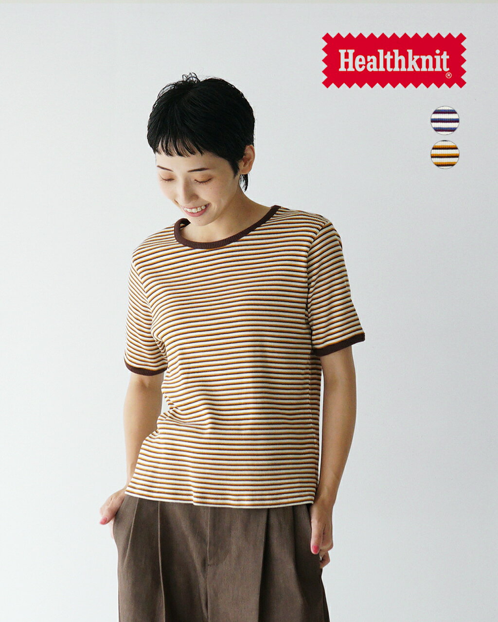 【SALE！30%OFF】ヘルスニット HEALTHKNIT クルーネック ショートスリーブ ボーダー Tシャツ レディース Crewneck S/S Border Tee 半袖 カットソー パープル オレンジ HR25S-L210 0619 xp10のサムネイル