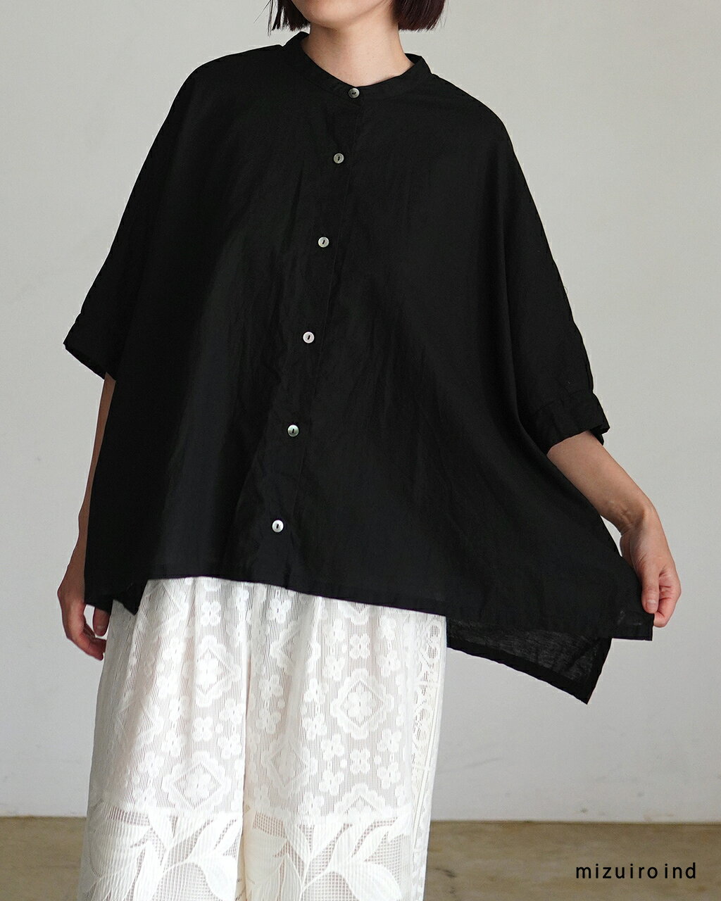 ミズイロインド mizuiro ind コットンリネン スタンドカラー ワイドシャツ レディース cotton linen stand collar wide shirt 2-230149 0703
