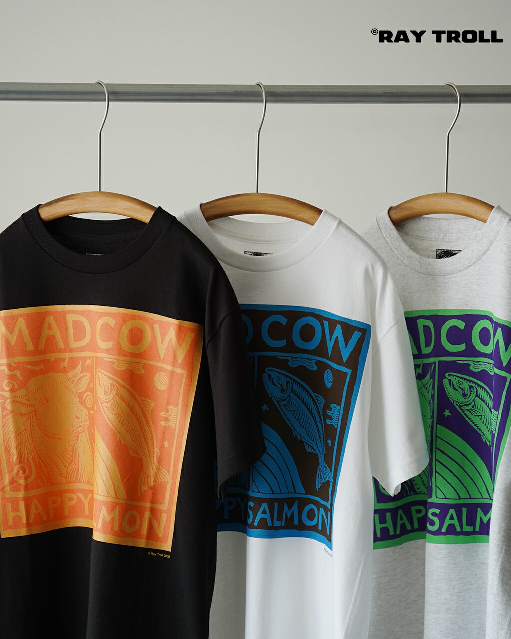 レイトロール Ray Trol マッドカウ / ハッピーサーモン Tシャツ カットソー プリントT グラフィックT メンズ MAD COW / HAPPY SALMON T-Shirt 26SS-RAY-011 0503 cpn1015 xp10
