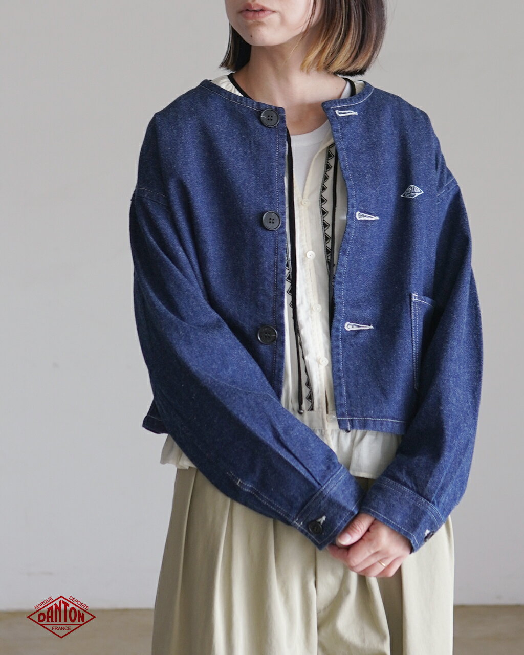 ダントン DANTON デニム ノーカラー ショートジャケット レディース DENIM COLLARLESS SHORT JACKET カラーレス ライトアウター インディゴ ブルー DT-A0670 KDM 0215