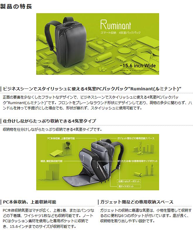 エレコム 4気室PCバックパック“Ruminant” [BM-RNBP01BK] ブラック【送料無料※沖縄・離島配送不可】ルミナント スクエア型 ビジネスリュック スリーブ PCバッグ ビジネスバッグ メンズ 軽量 軽い 丈夫 撥水 防水 多機能 仕分け 仕切り ガジェット ポーチ