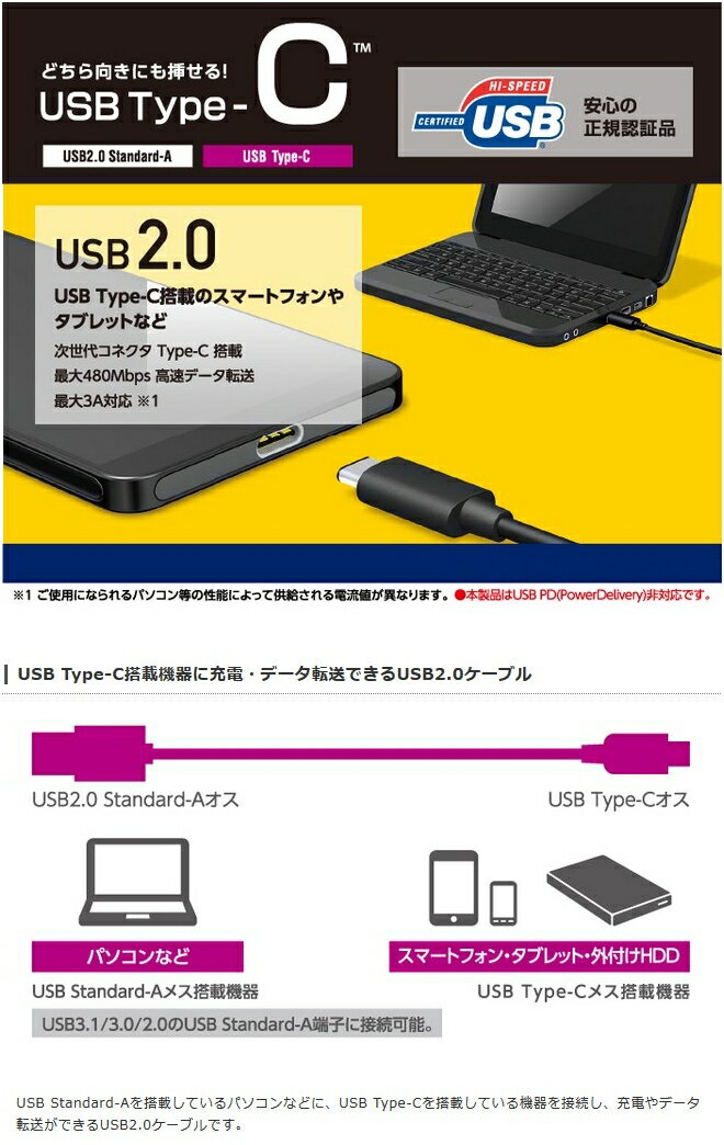 エレコム USB2.0ケーブル/A-Cタイプ/認証品/3A出力/3.0m/ブラック [U2C-AC30NBK]【送料無料※沖縄・離島配送不可】大電流 難燃性 金メッキピン タイプC 2