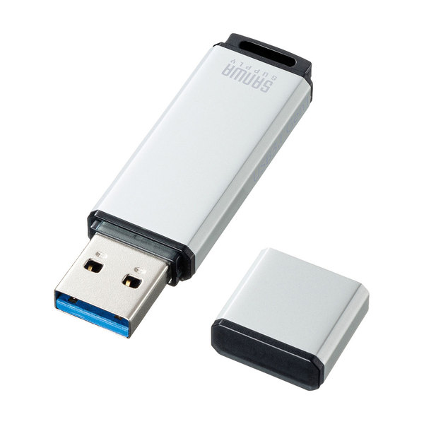 サンワサプライ USB3.1 Gen1 メモリ（シルバー・64GB）アルミボディ ネックストラップ