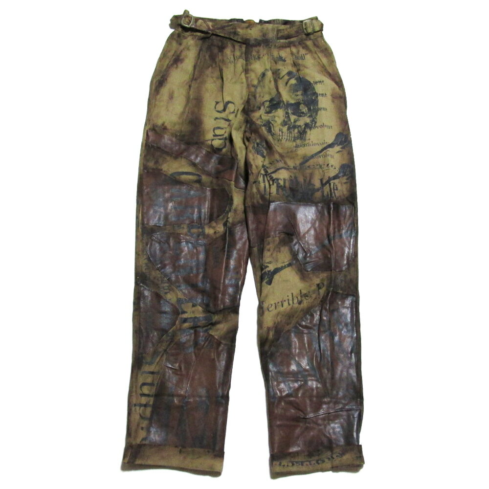 美品 NNNC エヌエヌエヌシー 後染めグランジミリタリーペイントタックパンツ (レザーパッチワーク 構築..