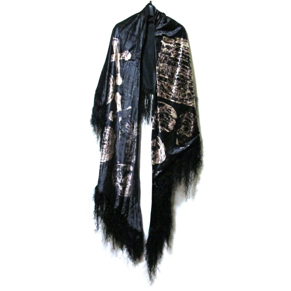 美品 NNNC エヌエヌエヌシー スカルベルベットワイドショール (フリンジ付き 三角形 グランジ ゴシック..