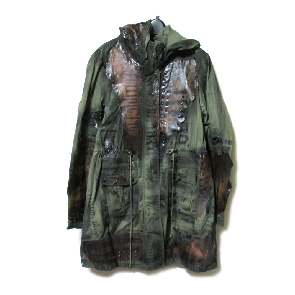 美品 NNNC エヌエヌエヌシー ペイント×レザーパッチ ファイヤー加工ミリタリーモッズコート (カーキ ミ..