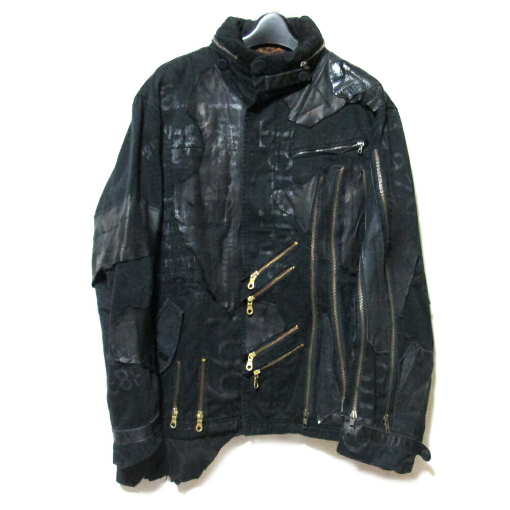 新品同様 NNNC エヌエヌエヌシー グランジ加工 ミリタリージャケット レザーパッチワーク／マルチファ..