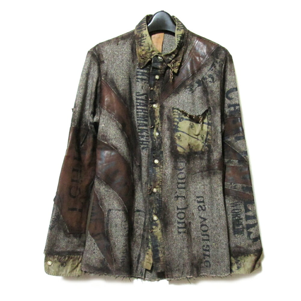 【新古品】 NNNC エヌエヌエヌシー ツイード×レザー グランジ シャツジャケット ペイント＆解体加工 (..