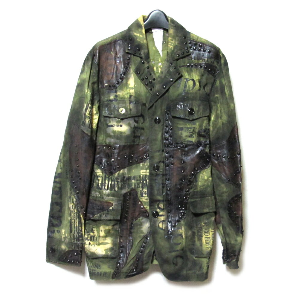 新品同様 NNNC エヌエヌエヌシー 迷彩ミリタリージャケット グランジスタッズ＆ペイント レザーパッチ..