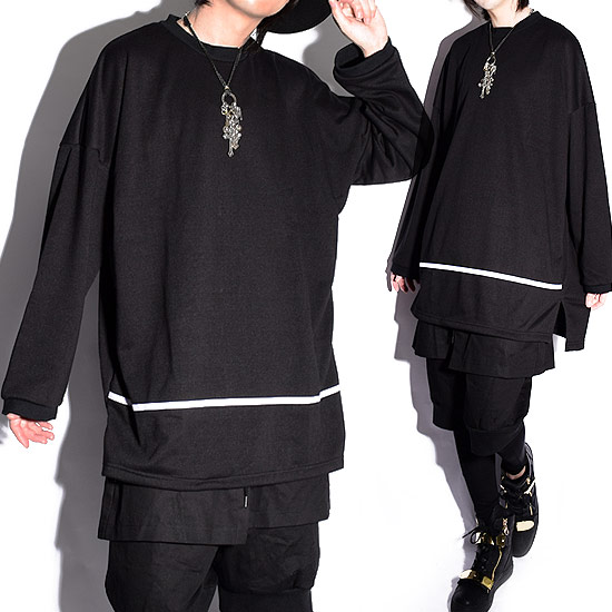 ニットソー メンズ ロングTシャツ メンズ ロング丈 変形 カットソー 無地 ブラック 黒 ライン ニットソー セーター ZIP 切替 オリジナルブランド アレグロ 個性的 V系 ビジュアル系 ストリート系 モード系 BITTER系 ビター系 韓国 ファッション トップス 2017 春 新作 衣装