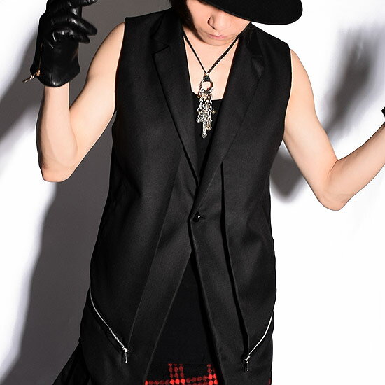 変形デザイン切替ロング丈ジレベスト メンズファッション V系 ファッション ベスト メンズ ロングベスト ジレベスト ジレ 変形 ロング丈 Zip 切替 フェイクレイヤード ブラック 黒 お兄系 ビジュアル系 ホスト 大人 送料無料 春 夏 新作 個性的 モード系ファッション