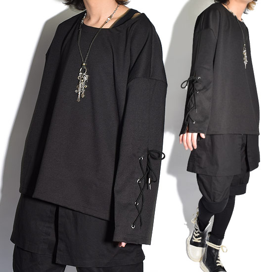 ロングTシャツ メンズ 編込み レースアップ スピンドル 変形 カットソー 変形 カットソー ブラック 黒 オリジナルブランド アレグロ 個性的 V系 ビジュアル系 ストリート系 モード系 ファッション トップス 送料無料 春 新作 衣装 ユニセックス レディース 韓国ファッション
