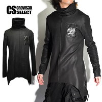 ロングTシャツメンズハイネックPUレザー切替ロゴ長袖Tシャツ変形アシメアシンメトリーメンズファッションインポート切替カットソー変形トップスロック2018春秋冬新作ホストV系ビジュアル系モード系ストリート系衣装ブラック黒お兄系