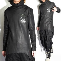 ロングTシャツメンズハイネックPUレザー切替ロゴ長袖Tシャツ変形アシメアシンメトリーメンズファッションインポート切替カットソー変形トップスロック2018春秋冬新作ホストV系ビジュアル系モード系ストリート系衣装ブラック黒お兄系
