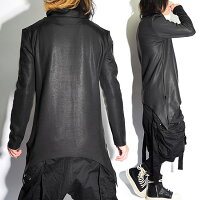 ロングTシャツメンズハイネックPUレザー切替ロゴ長袖Tシャツ変形アシメアシンメトリーメンズファッションインポート切替カットソー変形トップスロック2018春秋冬新作ホストV系ビジュアル系モード系ストリート系衣装ブラック黒お兄系