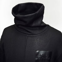 ロングTシャツメンズハイネックPUレザー切替ロゴ長袖Tシャツ変形アシメアシンメトリーメンズファッションインポート切替カットソー変形トップスロック2018春秋冬新作ホストV系ビジュアル系モード系ストリート系衣装ブラック黒お兄系