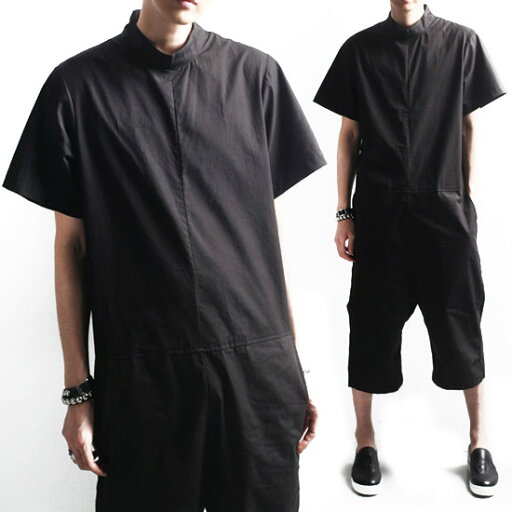 ツナギ メンズ オールインワン 半袖 ショートパンツ サルエルパンツ ZIP ハーフパンツ メンズファッション 変形 キレイ目 個性的 ロック お兄系 ホスト V系 ビジュアル系 衣装 モード系 韓国 ファッション ブラック 黒