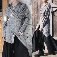 ロングTシャツメンズドレープカットソーロング丈変形長袖Tシャツ変形アシメアシンメトリーメンズファッションインポートカットソー変形トップスロック2018春夏新作ホストV系ビジュアル系モード系ストリート系衣装グレーお兄系