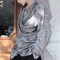 ロングTシャツメンズドレープカットソーロング丈変形長袖Tシャツ変形アシメアシンメトリーメンズファッションインポートカットソー変形トップスロック2018春夏新作ホストV系ビジュアル系モード系ストリート系衣装グレーお兄系