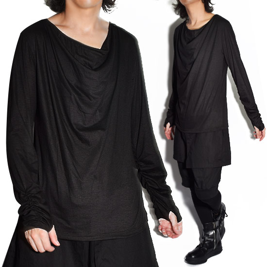 ドレープカットソー メンズ ロングTシャツ ロンt くしゅくしゅ シャーリング 指貫き カットソー ブラック 黒 長袖 Tシャツ 送料無料 秋 冬 新作 お兄系 ホスト V系 ビジュアル系 モード系 個性的 衣装 日本製 アレグロ ブランド ファッション 韓国 スタイル