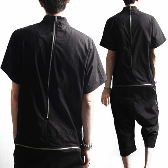 ツナギ メンズ オールインワン 半袖 ショートパンツ サルエルパンツ ZIP ハーフパンツ メンズファッション 変形 キレイ目 個性的 ロック お兄系 ホスト V系 ビジュアル系 衣装 モード系 韓国 ファッション ブラック 黒