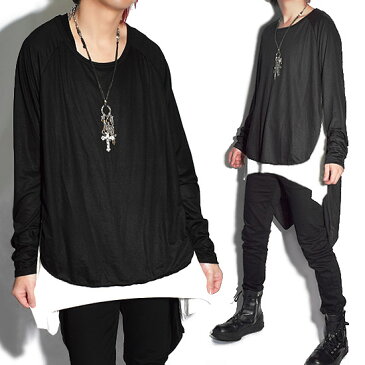 ロングTシャツ メンズ バイカラーカットソー アシンメトリー ロンt メンズファッション 大きいサイズ ビッグサイズ ブラック 黒 オリジナルブランド 個性的 V系 ビジュアル系 モード系 ファッション お兄系 韓国 衣装 2020 春 秋 冬 新作 ユニセックス レディース