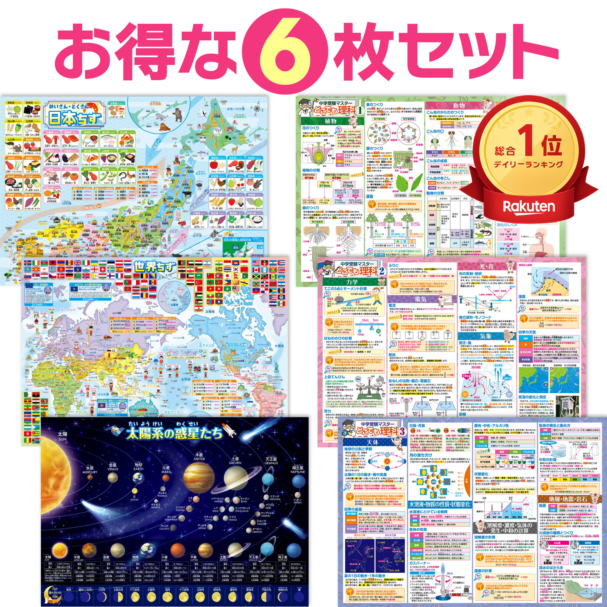 お風呂の学校 セット価格 地図／中学受験理科 お風呂ポスター2種類セット 日本製 地理 学習 知育 社会 理科 中学受験 B3サイズ 防水