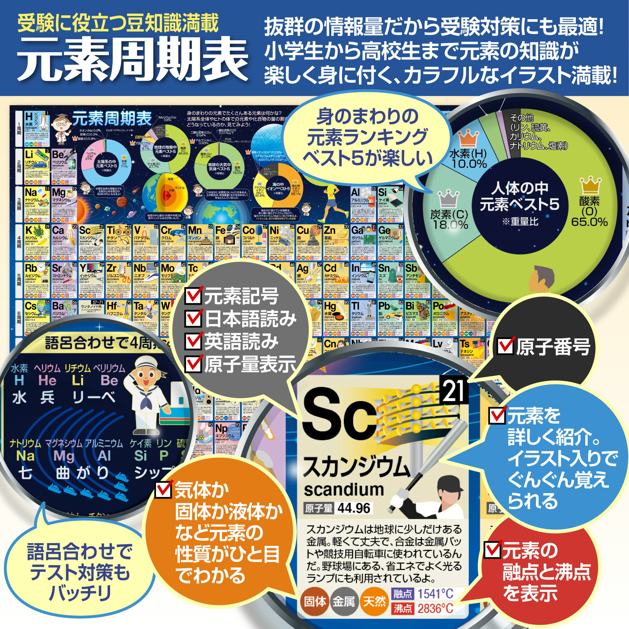 【まとめ買いクーポン！】 セット価格 地図／元素周期表 お風呂ポスター2種類セット 日本製 地理 学習 知育 社会 理科 中学受験 B3サイズ 防水 3