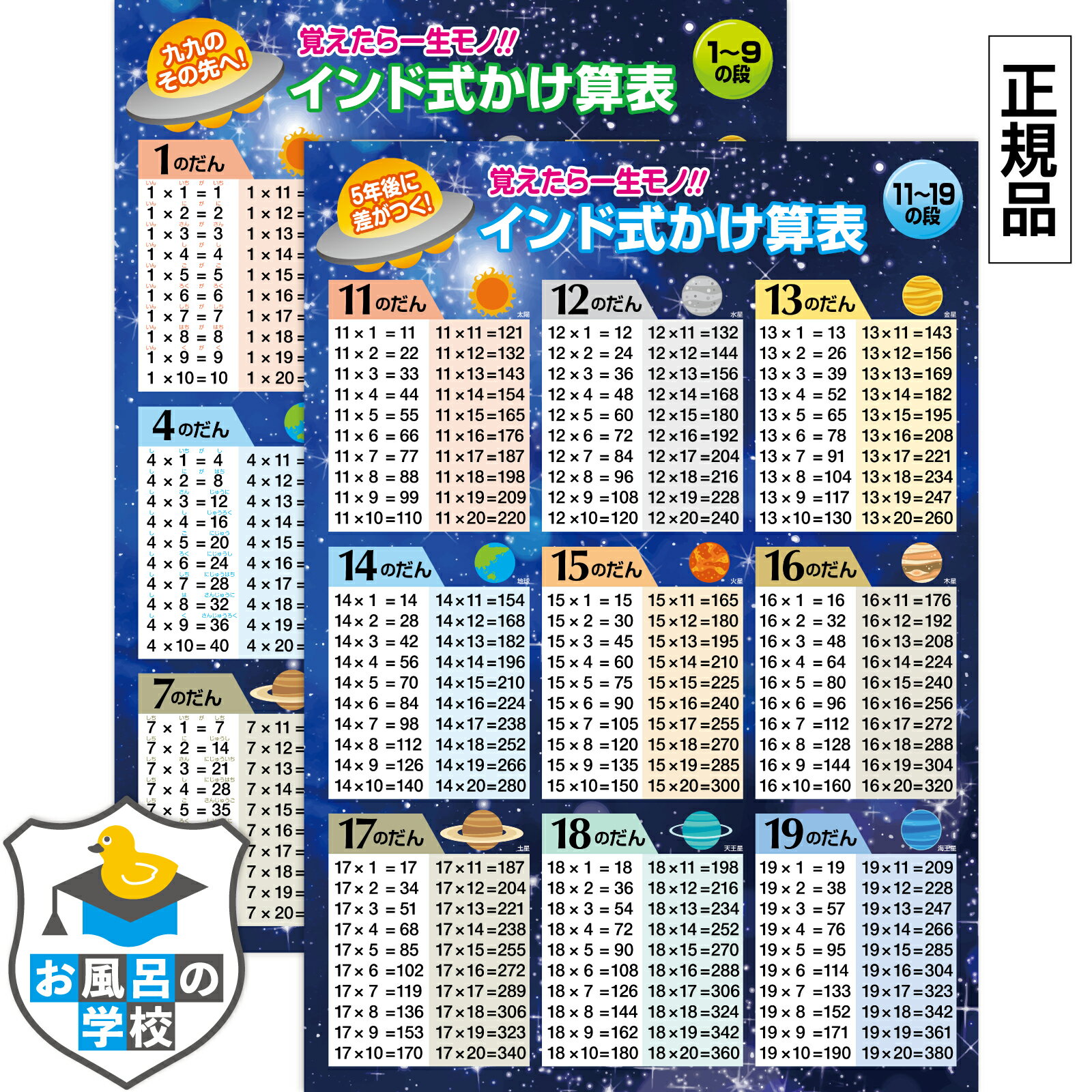 インド式かけ算表 お風呂ポスター お風呂 おもちゃ 知育 ポスター 1〜9の段＆11〜19の段 2枚セット 宇宙デザイン 防水 A2サイズ(59.4cm×42cm) 九九 お風呂の学校 掛け算 かけざん 計算 算数 暗算 小学生 入学 日本製 幼稚園