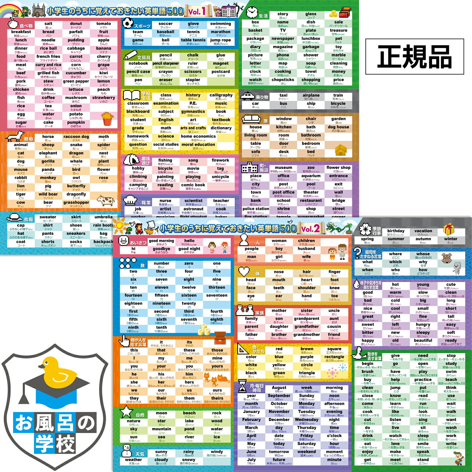 小学生向け英単語500選 お風呂ポスター 2枚セット ゲーム系ドットイラスト B3サイズ(横51.5cm×縦36.4cm) お風呂 知育…