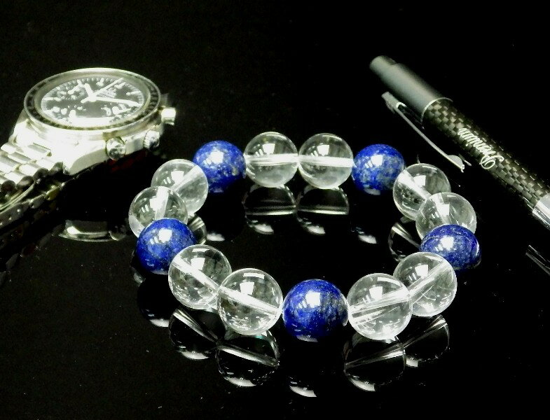 14mm玉 透明本水晶＆ラピスラズリ ブレスレット【総合運/厄・邪気除け】のベーシックなパワースト－ン ＜返品・交換可＞無料サイズ変更保証付き