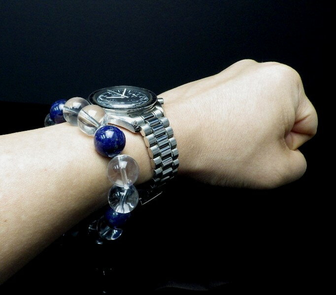 14mm玉 透明本水晶＆ラピスラズリ ブレスレット【総合運/厄・邪気除け】のベーシックなパワースト－ン ＜返品・交換可＞無料サイズ変更保証付き