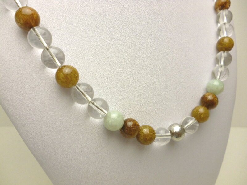 【株やFX・投資の運気をサポート】ALL10mm玉 ギベオン&タイチン金ルチル&レッドゴールドタイチン&本翡翠&透明本水晶ネックレス（ハイパーフロロカーボンワイヤー・3重巻きブレスレットにもなる2WAYアイテム）