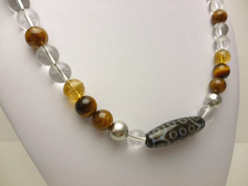 【金運天珠＆強力波動＆最強仕事運】 二十一眼＆ALL10mm玉 ギベオン&レッドゴールドタイチン&シトリン&タイガーアイネックレス（ハイパーフロロカーボンワイヤー・3重巻きブレスレットにもなる2WAYアイテム）