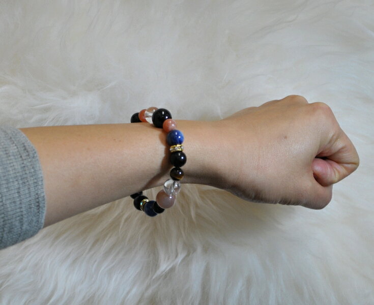 【仕事で最高のパフォーマンス】 ブラックトルマリン&ゴールデンサンストーン&カイヤナイト&タイガーアイ&透明本水晶ブレスレット（サイズMIXタイプ）＜返品・交換可＞無料サイズ変更保証付き