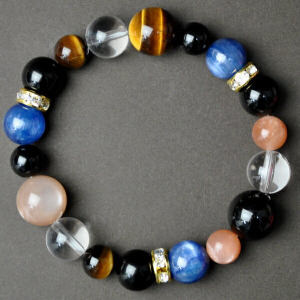 【仕事で最高のパフォーマンス】 ブラックトルマリン&ゴールデンサンストーン&カイヤナイト&タイガーアイ&透明本水晶ブレスレット（サイズMIXタイプ）＜返品・交換可＞無料サイズ変更保証付き
