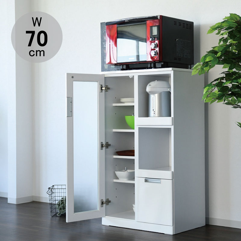 Range Stands - レンジ台 食器棚 幅70 高さ120 キッチン収納 家電収納 レンジボード ロータイプ 完成品 ホワイト スライドカウンター コンセント コンパクト 光沢 艶 エナメル 引き出し 扉収納 清潔感 おしゃれ シンプル 一人暮らし