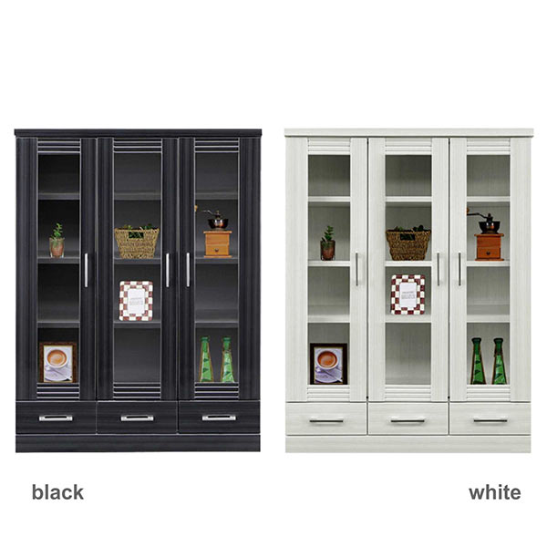 書棚 ロータイプ ガラス扉 幅90cm 高さ120cm 扉付き 本棚 書斎 棚 収納 飾り棚 ガラス扉付き フリーボード ホワイト ブラック 光沢 艶 引き出し リビング収納 ミドルサイズ おしゃれ シンプル 清潔感 大川家具 国産