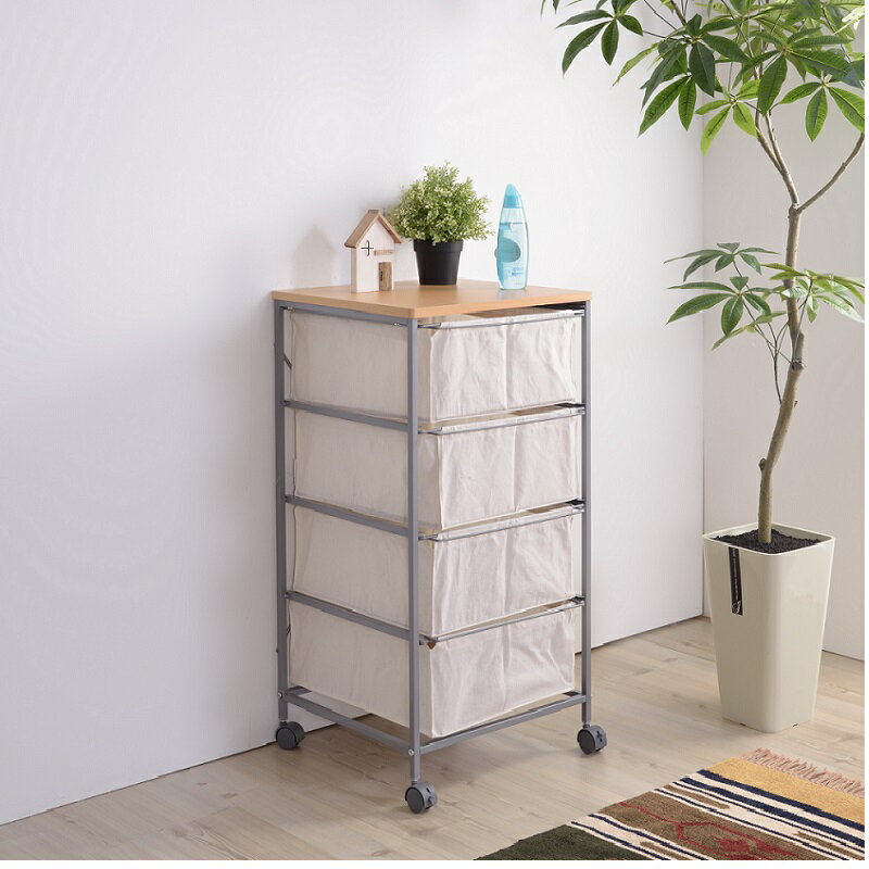 チェスト 4段 キャスター付き 引き出し 収納 おしゃれ 布製 衣類収納 ワゴン 洗面所収納 ランドリー収納 4段ラック 天板付き キャンバス生地 収納家具 シンプル 白 ホワイト アイボリー シンプル ナチュラル