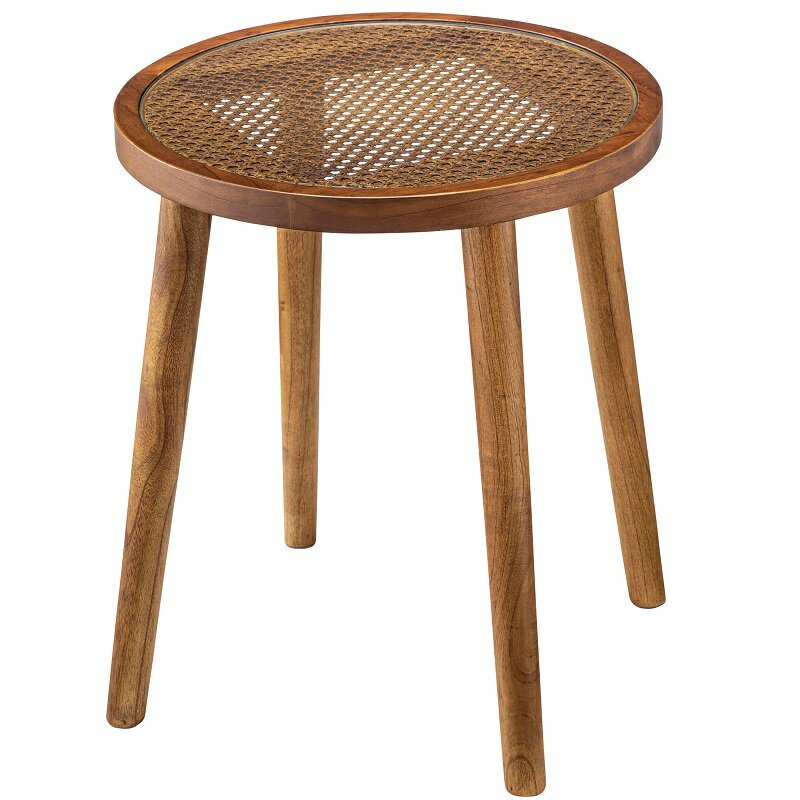 サイドテーブル ラタン 木製 ガラス ガラステーブル 丸 幅45cm ラウンドテーブル ソファーサイドテーブル ナイトテーブル 丸テーブル ミニテーブル シンプル おしゃれ 天然木 ブラウン